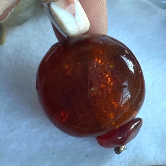 Artisan Natural Stone Beaded Boho 26" Boho Necklace Amber Colored Glass Pendant - Picture 13 of 16